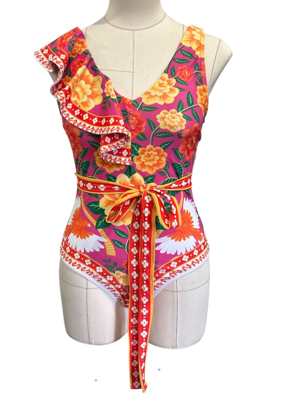 Floral multicolored ruffle shoulder belted one piece swimsuit size medium